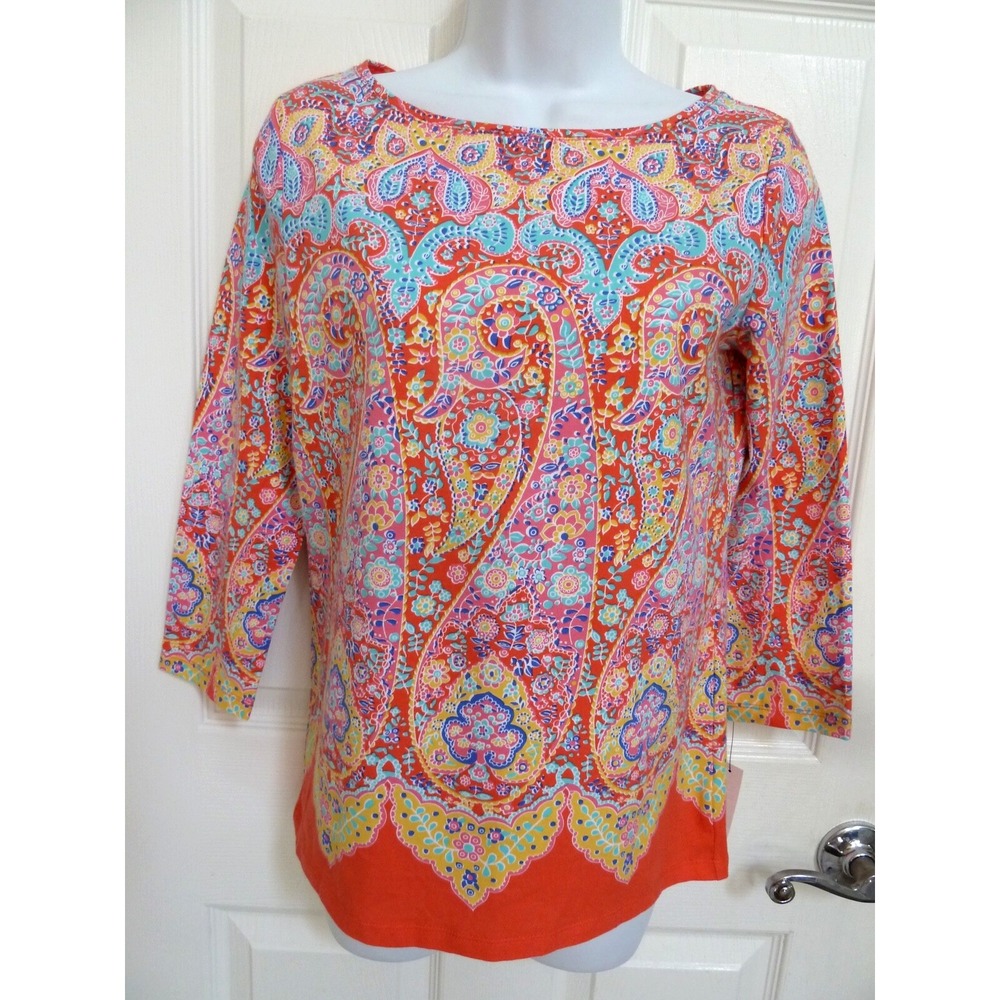Talbots Tee Womens XS Colorful Paisley Festival 3/4 Sleeve Top Pullover 55424981